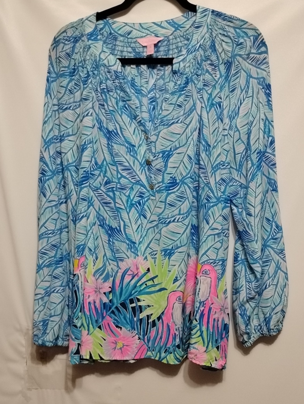 Lilly Pulitzer Elsa Vibrant Silk Toucan Can Blue/Pink Tropical Smocked Top